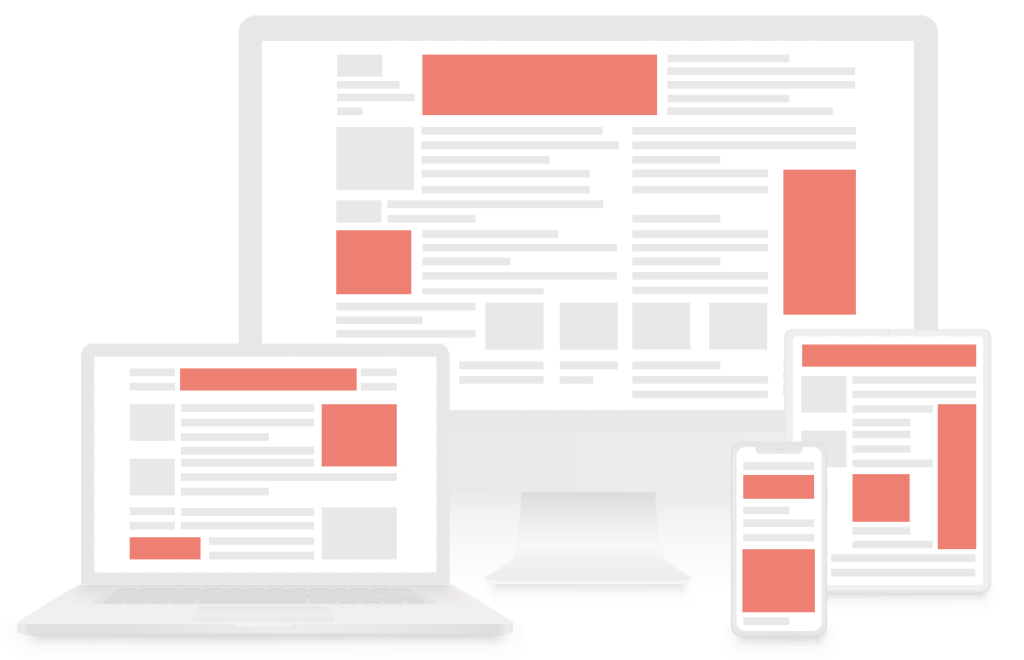 Mockup showing HTML5 banner formats displayed on multiple devices desktop, laptop, tablet, and smartphone.